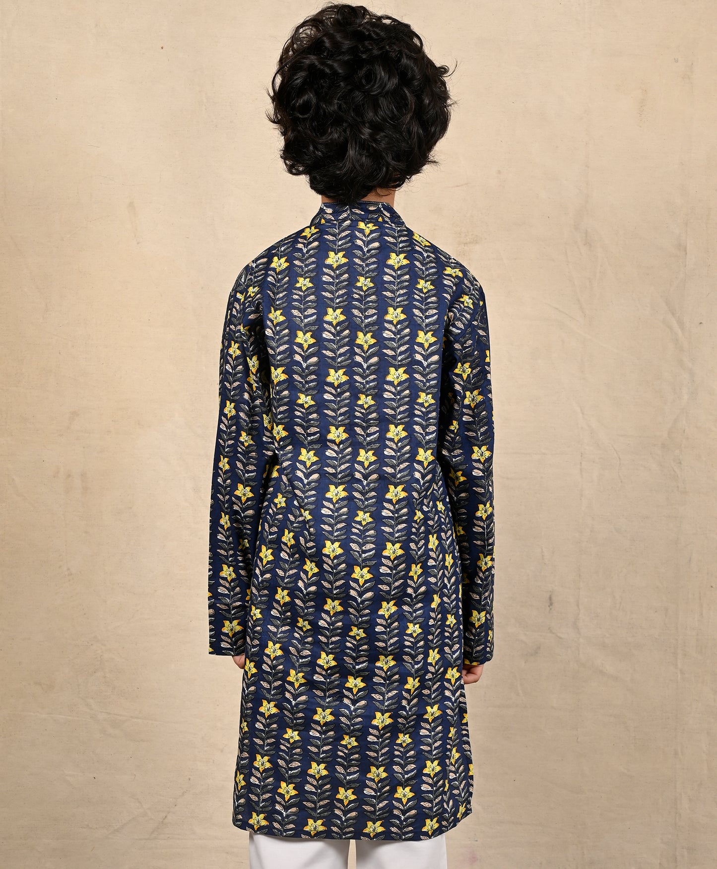 FESTIVE BLUE FLORAL PRINT PURE COTTON KURTA - BLUE