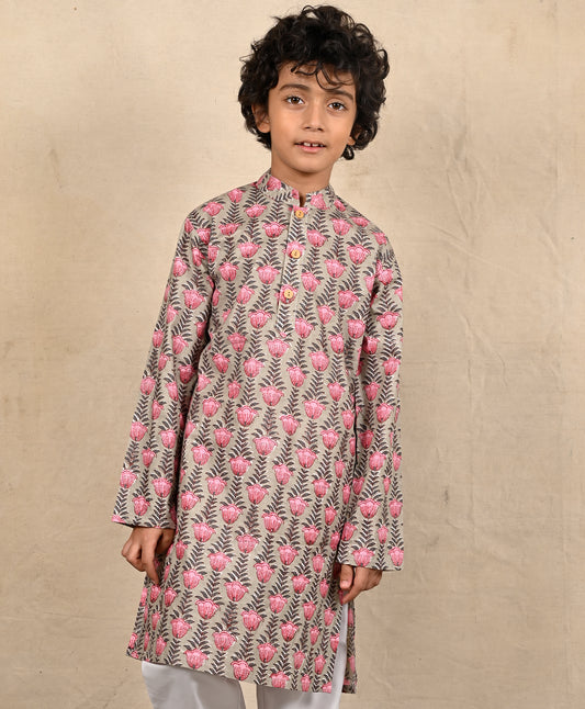 BEIGE BLOCK PRINT PURE COTTON KURTA - BEIGE