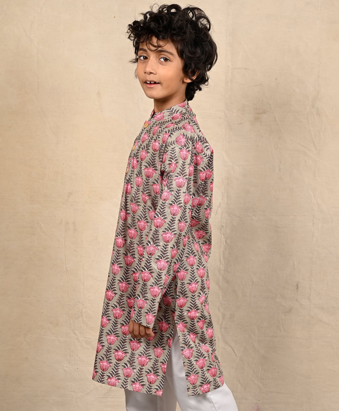 BEIGE BLOCK PRINT PURE COTTON KURTA - BEIGE