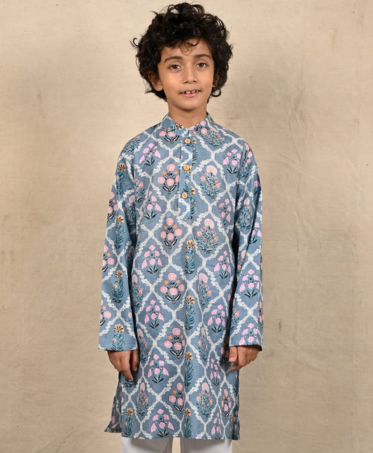 SKY BLUE FLORAL PRINT PURE COTTON KURTA - SKY BLUE