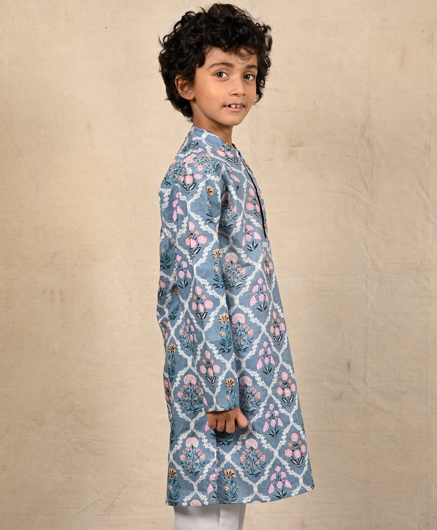 SKY BLUE FLORAL PRINT PURE COTTON KURTA - SKY BLUE