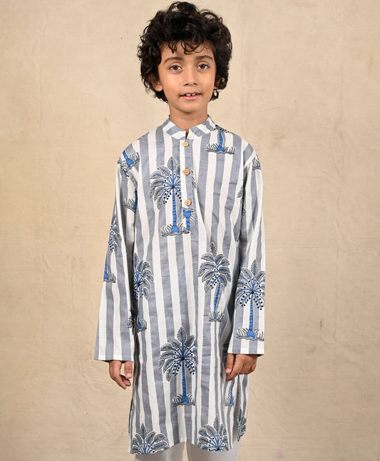 STRIPED FESTIVE PRINTED PUR COTTON KURTA - BLUE