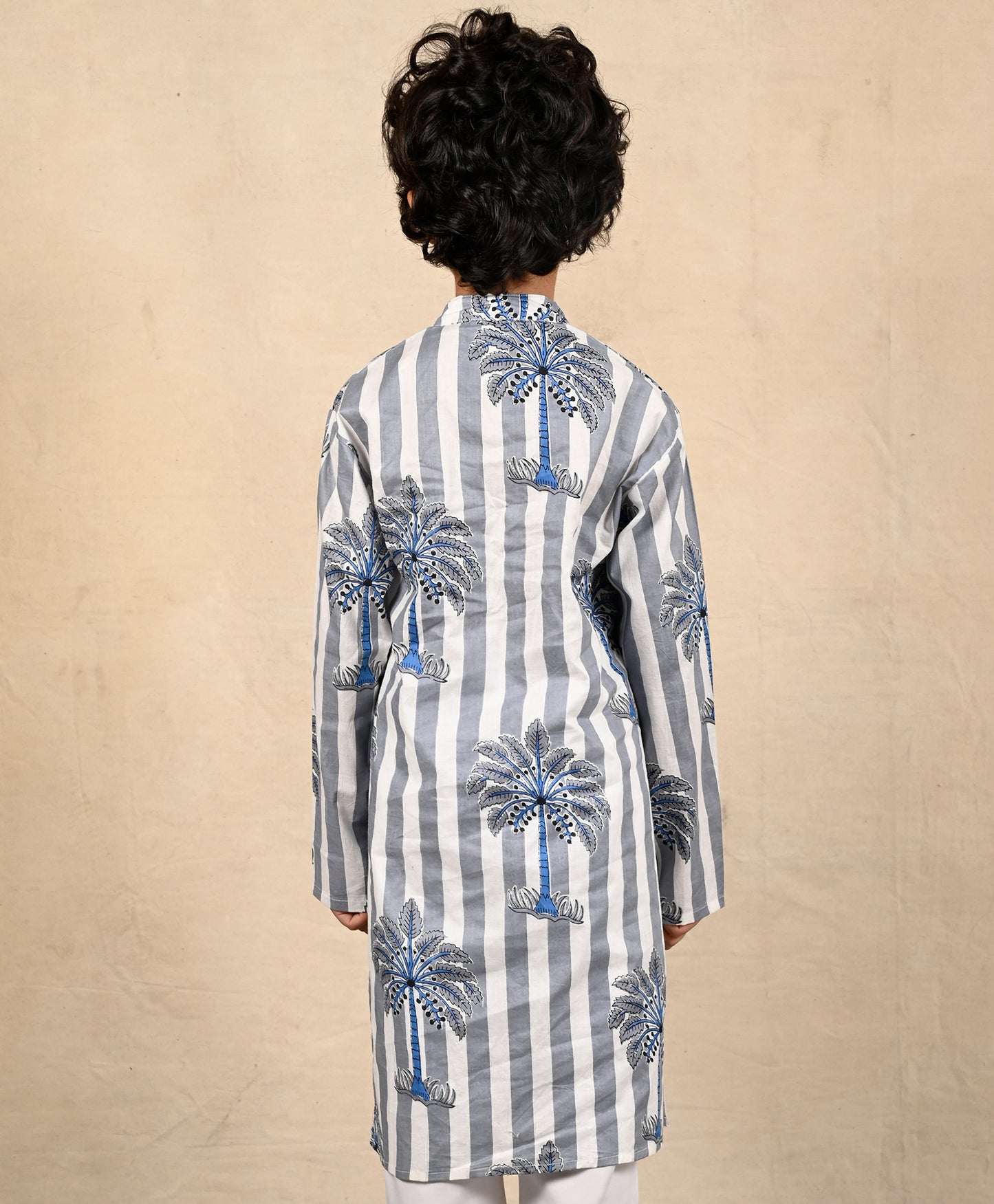 STRIPED FESTIVE PRINTED PUR COTTON KURTA - BLUE