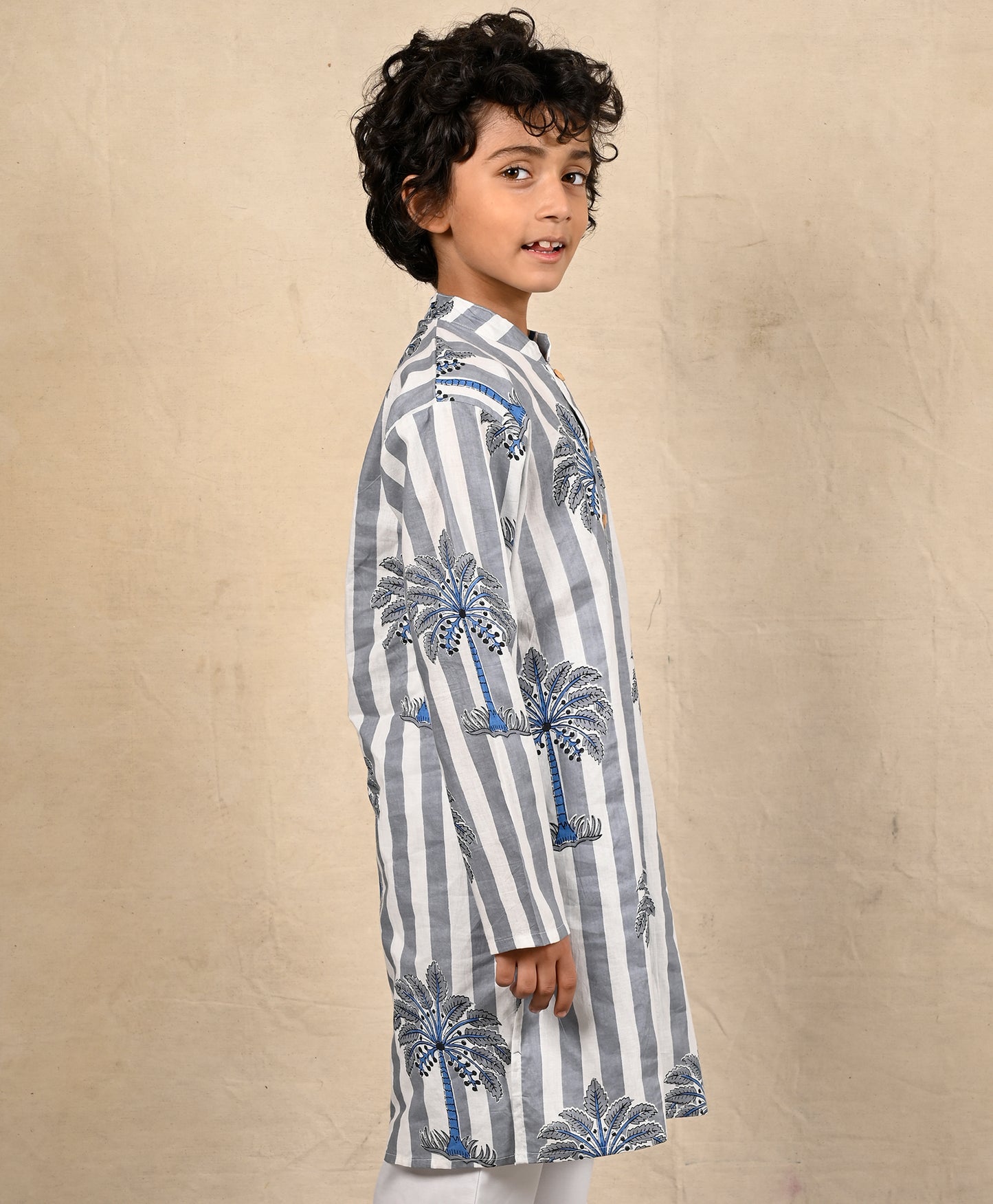 STRIPED FESTIVE PRINTED PUR COTTON KURTA - BLUE