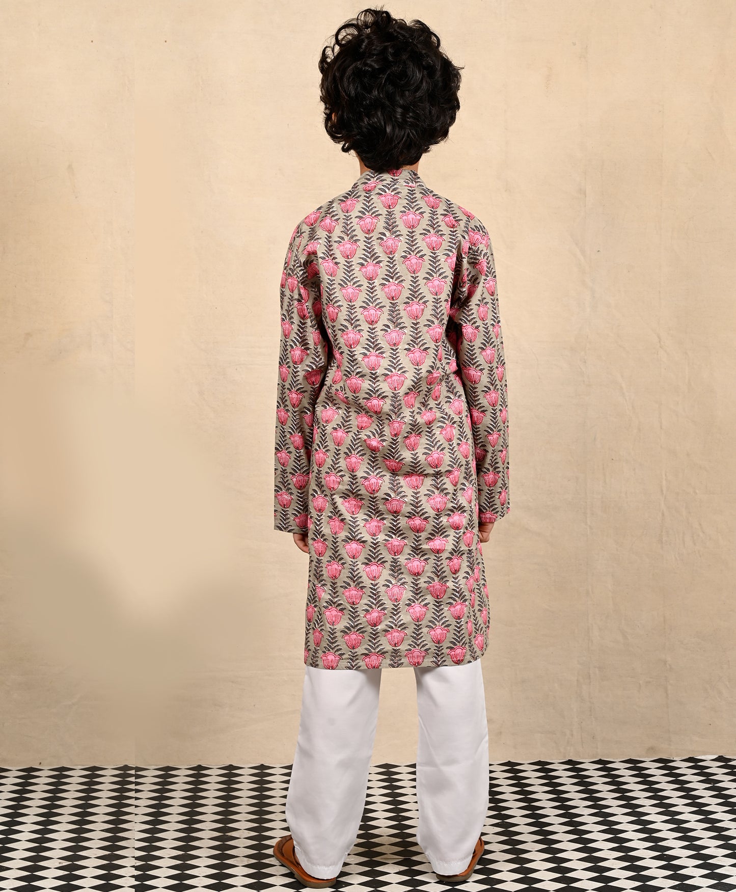 BEAGE BLOCK PRINT PURE COTTON KURTA PYJAMA SET - BEAGE /WHITE