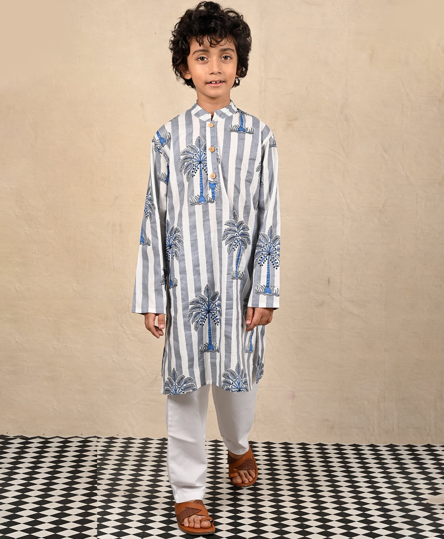 STRIPED FESTIVE PRINTED PURE COTTON KURTA PYJAMA SET - WHITE