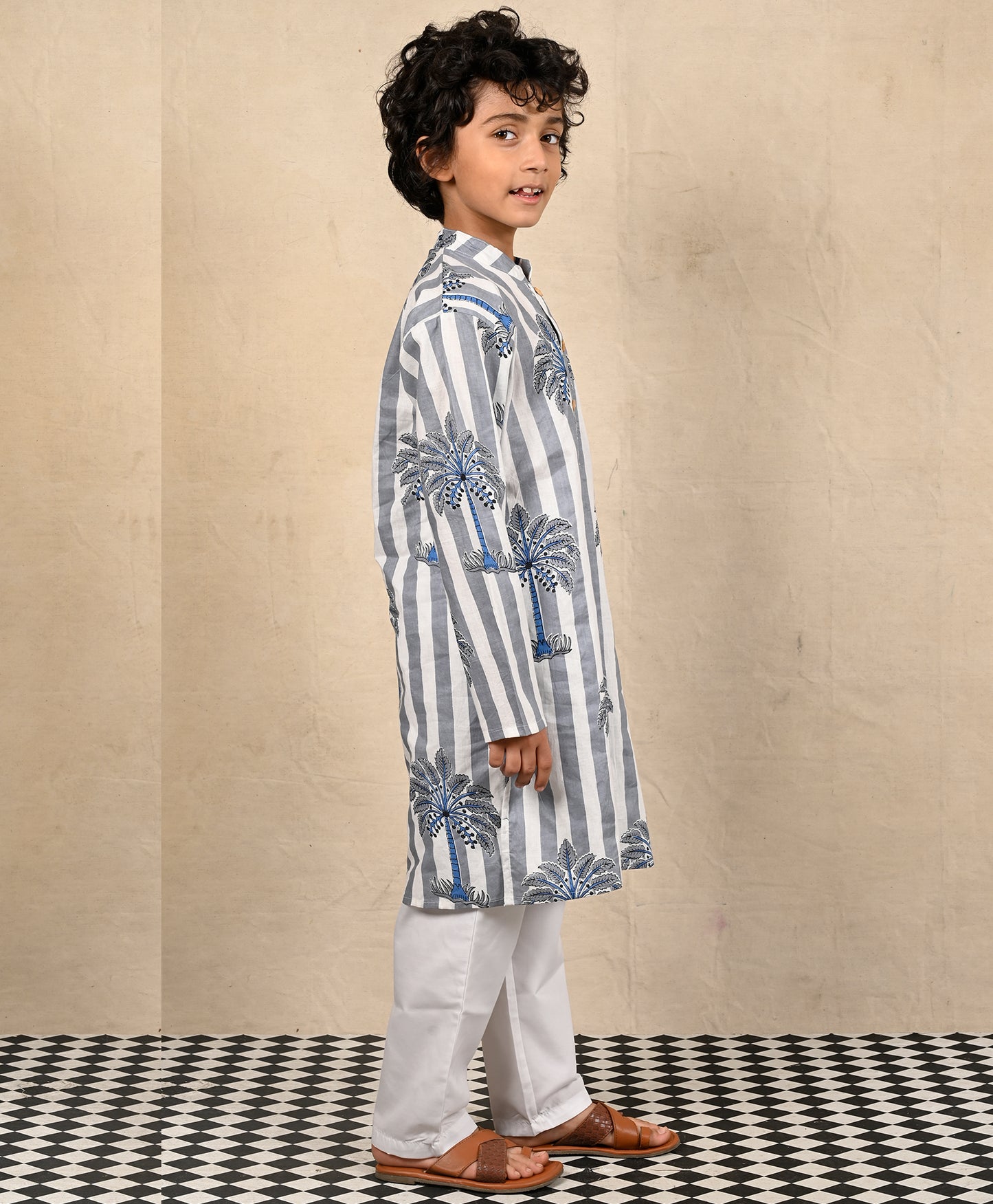 STRIPED FESTIVE PRINTED PURE COTTON KURTA PYJAMA SET - WHITE