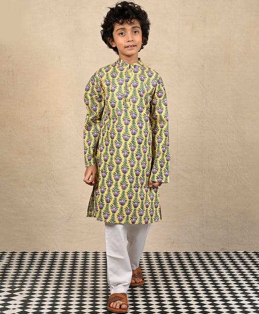 YELLOW BLOCK PRINT PURE COTTON KURTA PYJAMA SET - YELLOW/WHITE