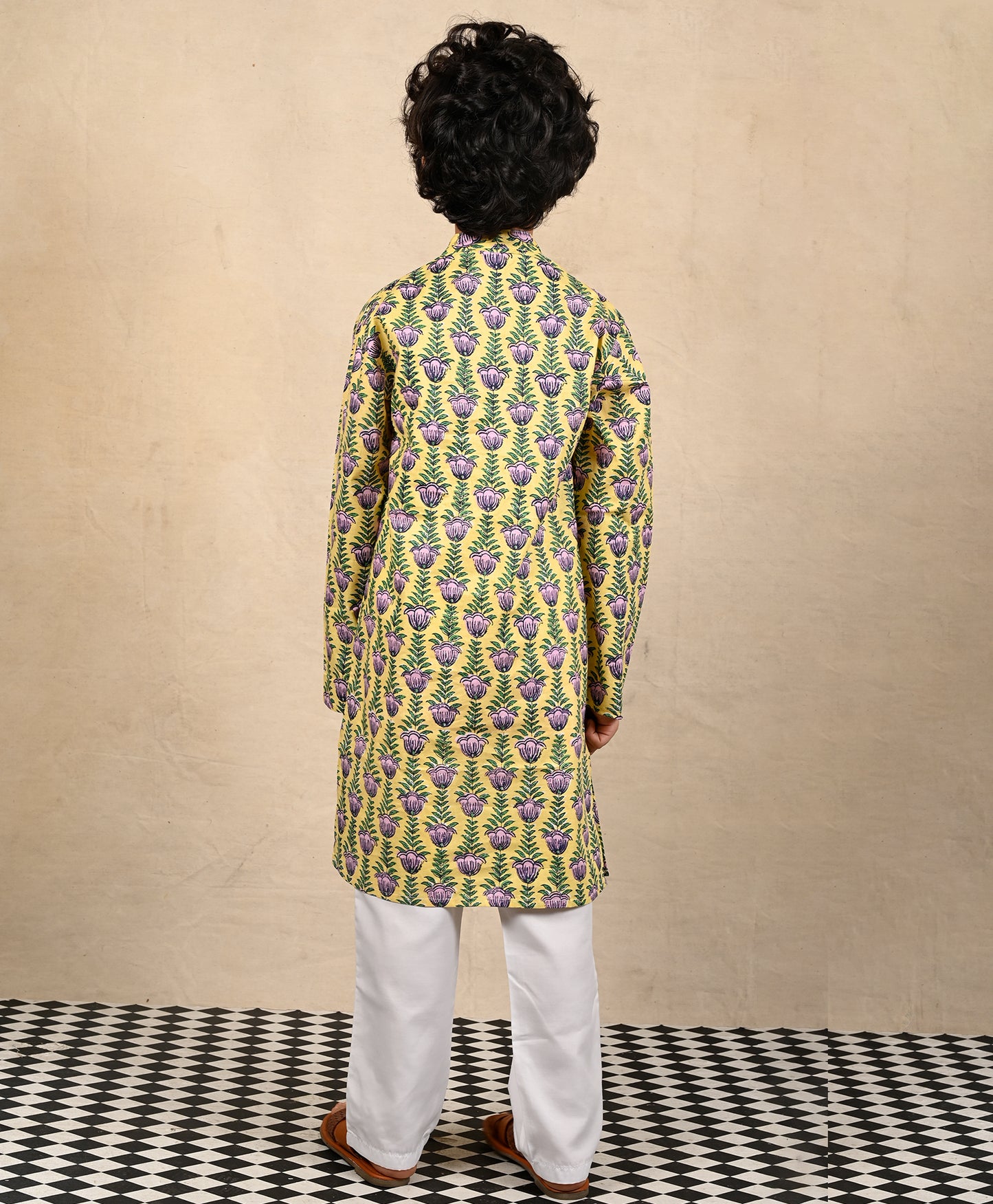 YELLOW BLOCK PRINT PURE COTTON KURTA PYJAMA SET - YELLOW/WHITE