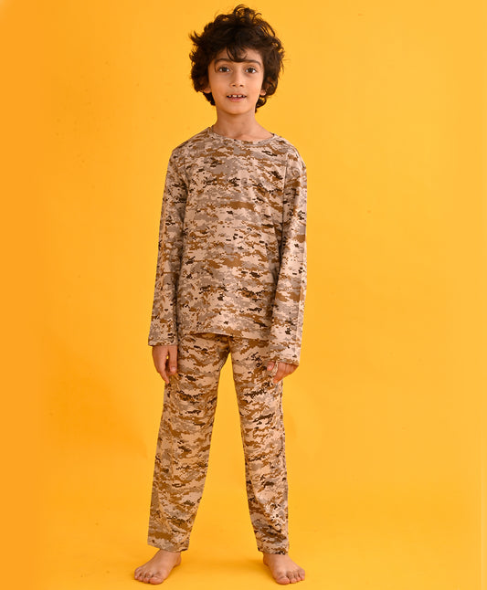 CAMOUFLAGE LONG SLEEVES PYJAMA SET - BROWN