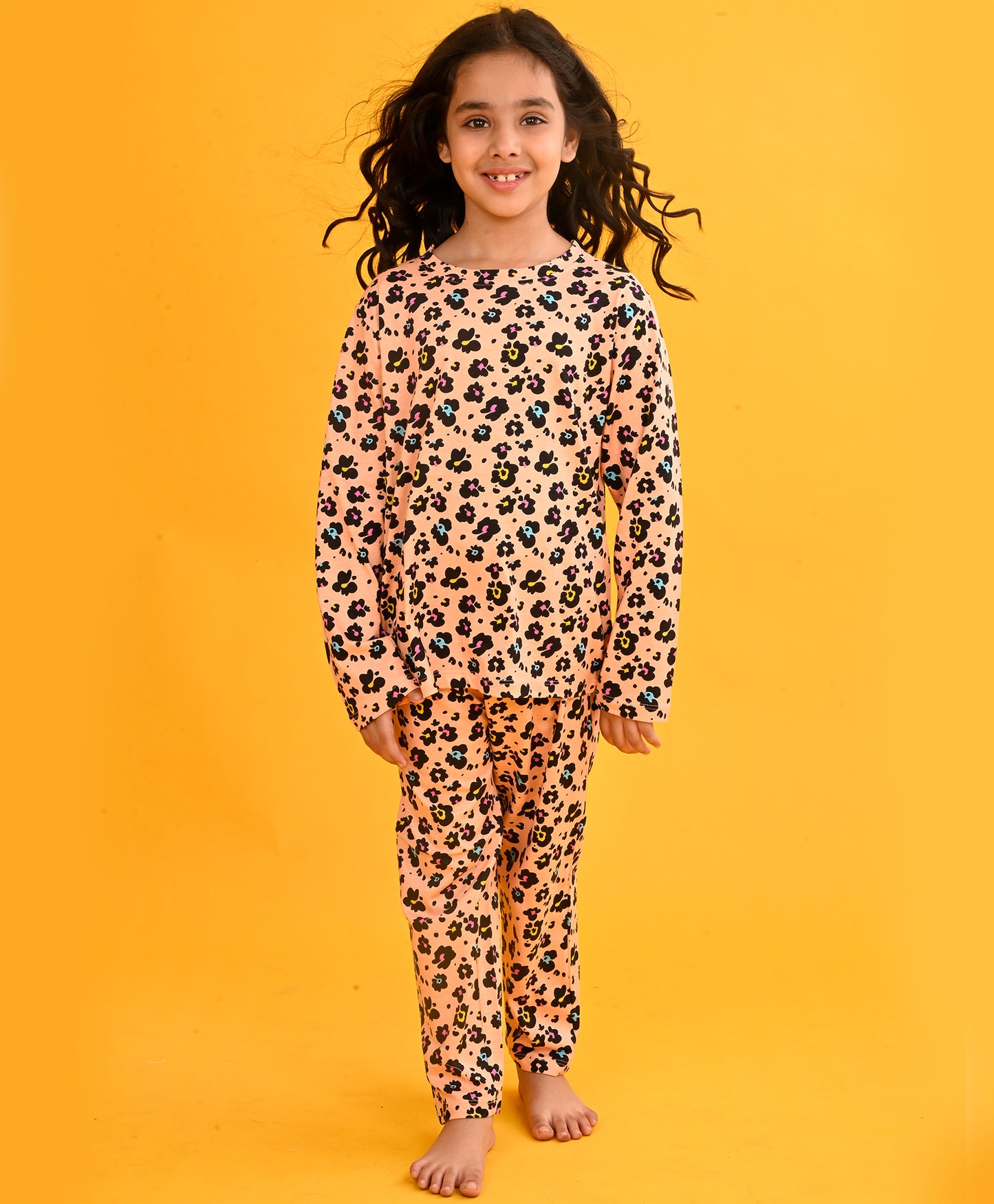 LEOPARD FLORAL LONG SLEEVE PYJAMA SET - PEACH