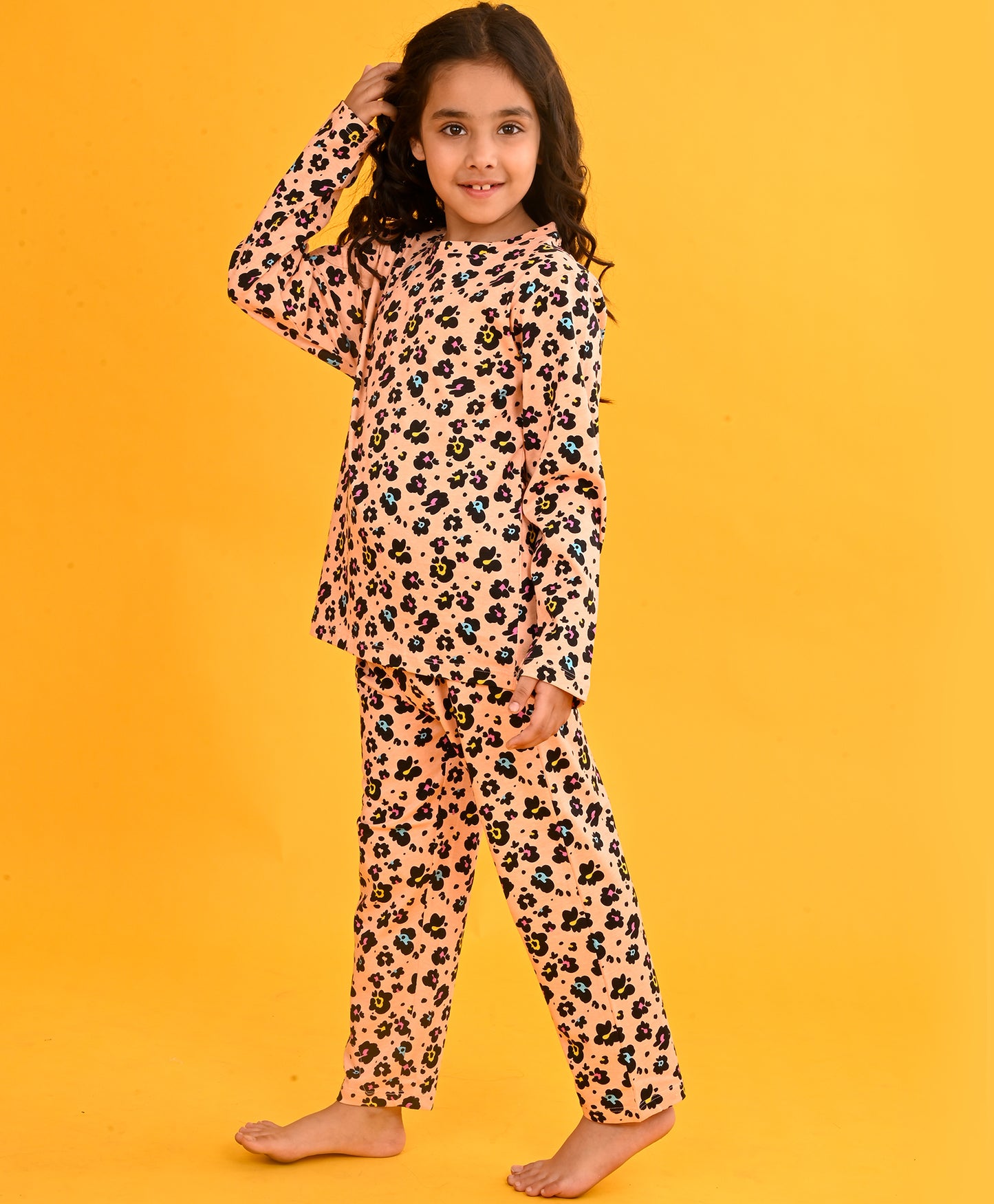 LEOPARD FLORAL LONG SLEEVE PYJAMA SET - PEACH