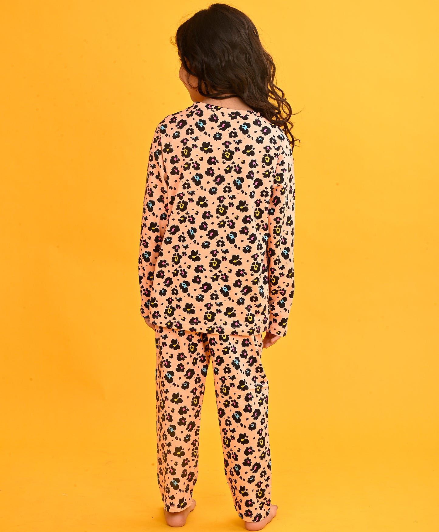 LEOPARD FLORAL LONG SLEEVE PYJAMA SET - PEACH