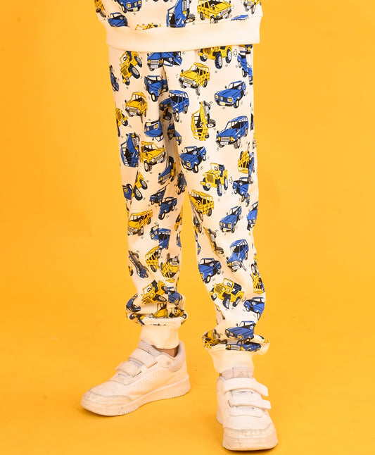 CARS PRINT FLEECE BOYS JOGGER -WHITE