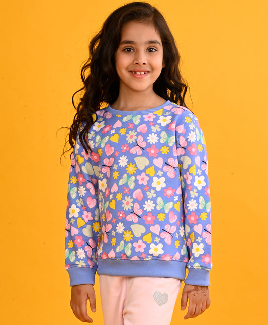 BLUE HEART FLOWERS FLEECE GIRLS SWEATSHIRT - BLUE