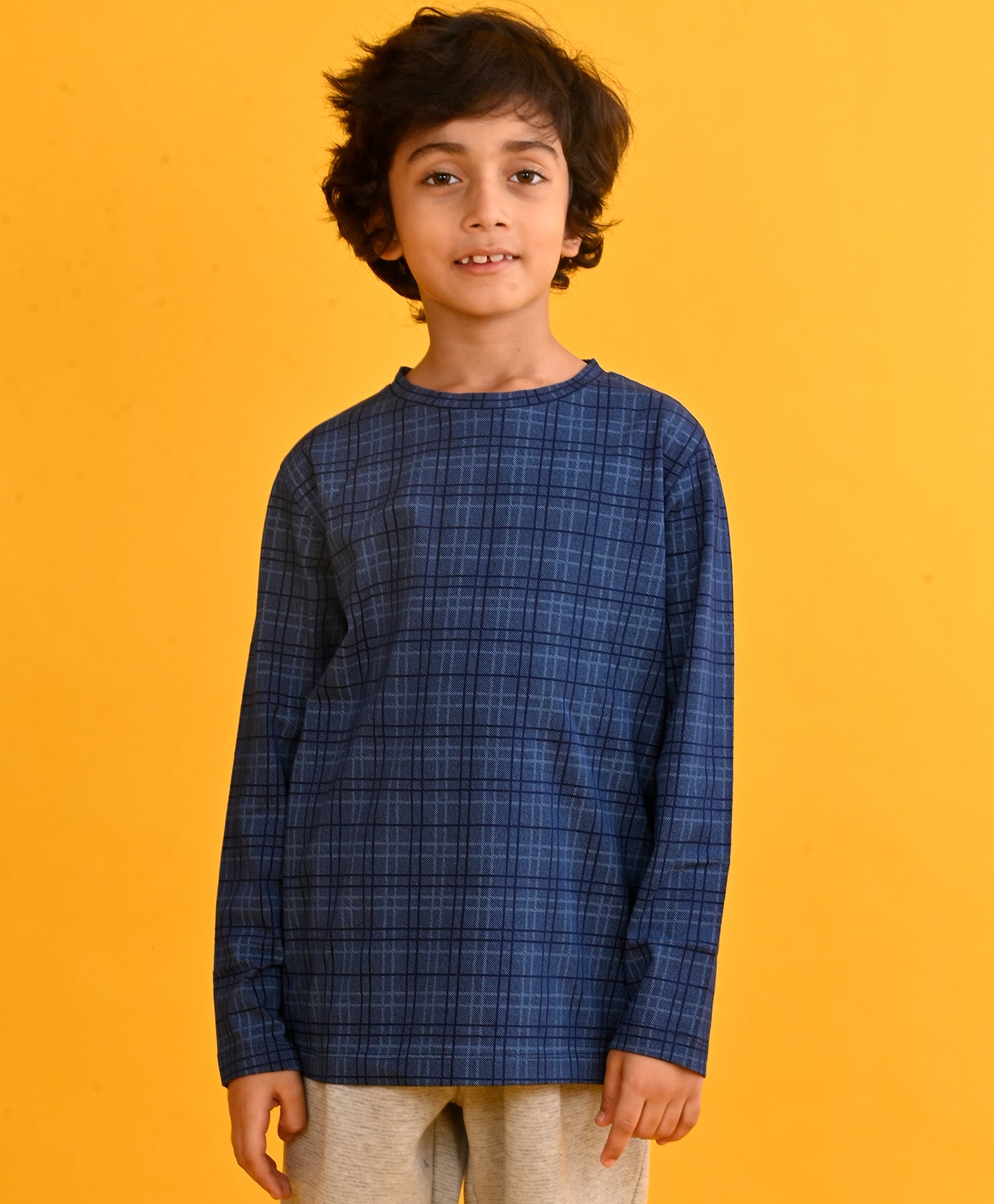 CHECK PRINT BLUE LONG SLEEVE T-SHIRT-BLUE