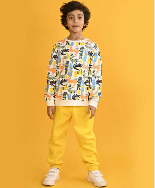 CROCODILE BOYS FLEECE SWEATSHIRT YELLOW JOGGER SET - WHITE/YELLOW