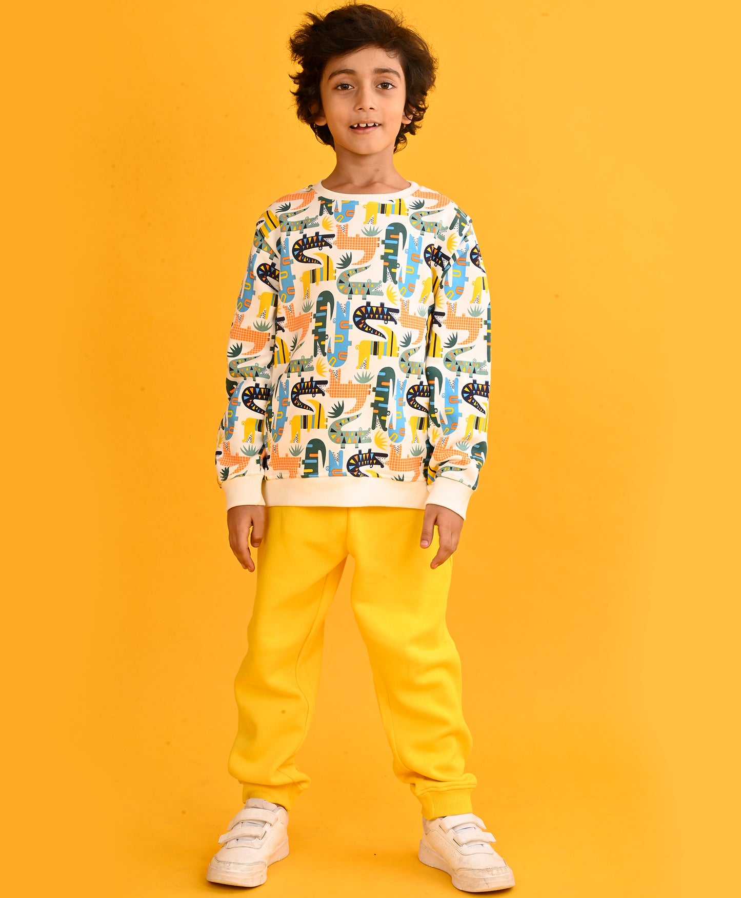 CROCODILE BOYS FLEECE SWEATSHIRT YELLOW JOGGER SET - WHITE/YELLOW