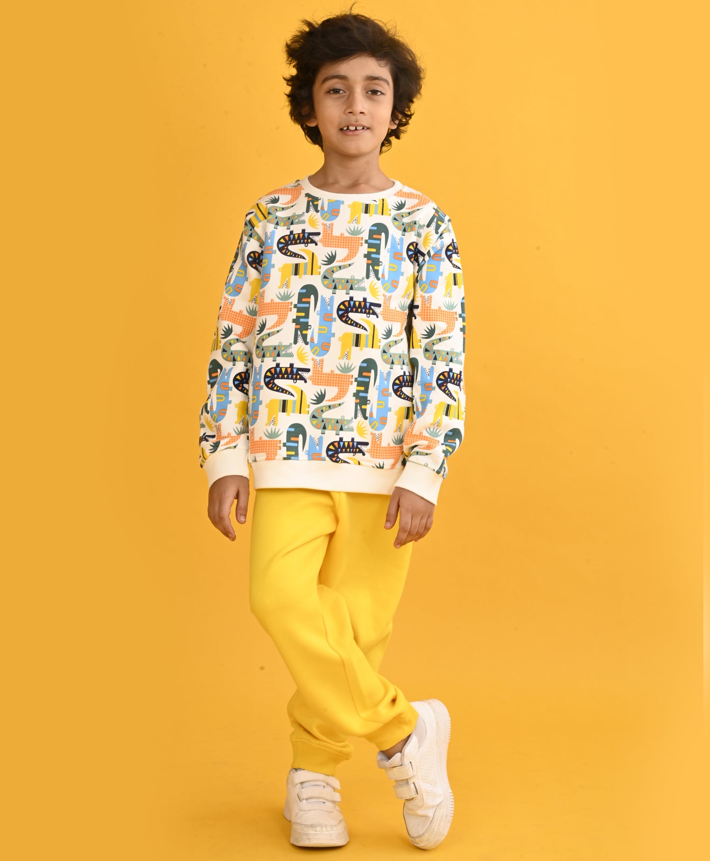 CROCODILE BOYS FLEECE SWEATSHIRT YELLOW JOGGER SET - WHITE/YELLOW