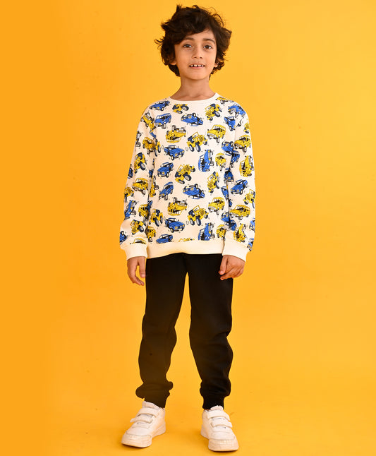 CARS PRINT BOYS FLEECE SWEATSHIRT BLACK JOGGER SET - WHITE/BLACK