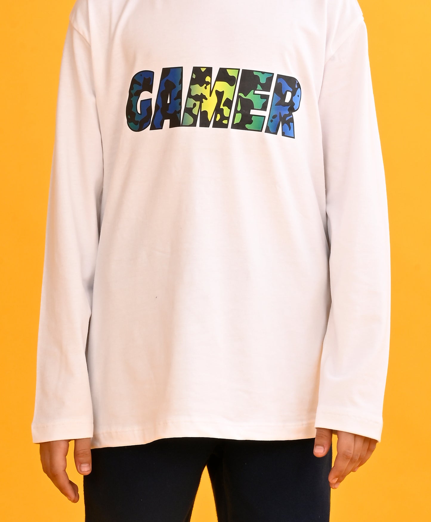 GAMER WHITE LONG SLEEVES T-SHIRT NAVY FLEECE JOGGER SET - WHITE/NAVY