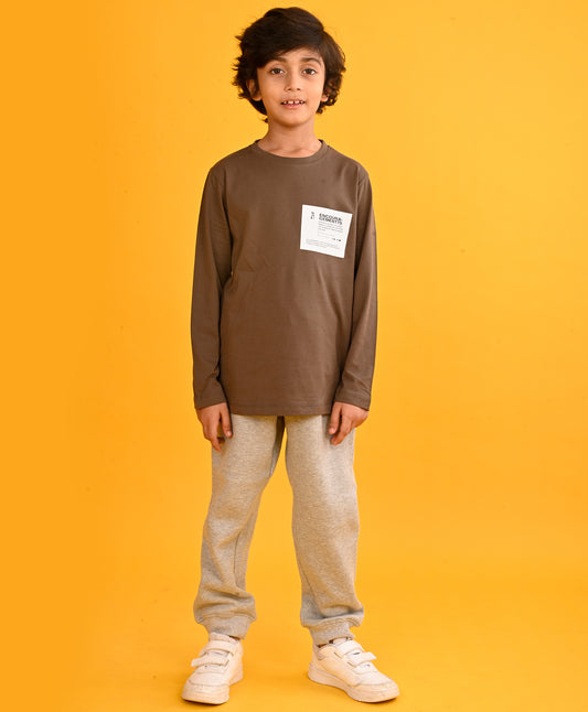 ENCOURAGEMENT BROWN BOYS LONG SLEEVES T-SHIRT GREY FLEECE JOGGER SET - BROWN/GREY