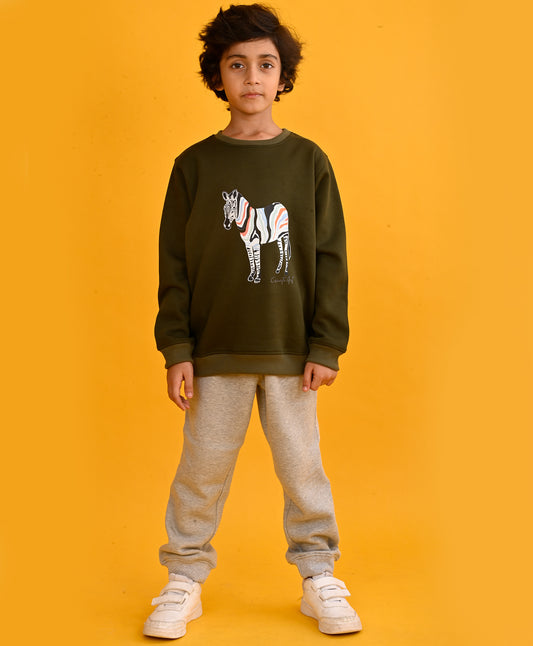 DARK OLIVE ZEBRA BOYS SWEATSHIRT GREY FLEECE JOGGER SET - OLIVE/GREY