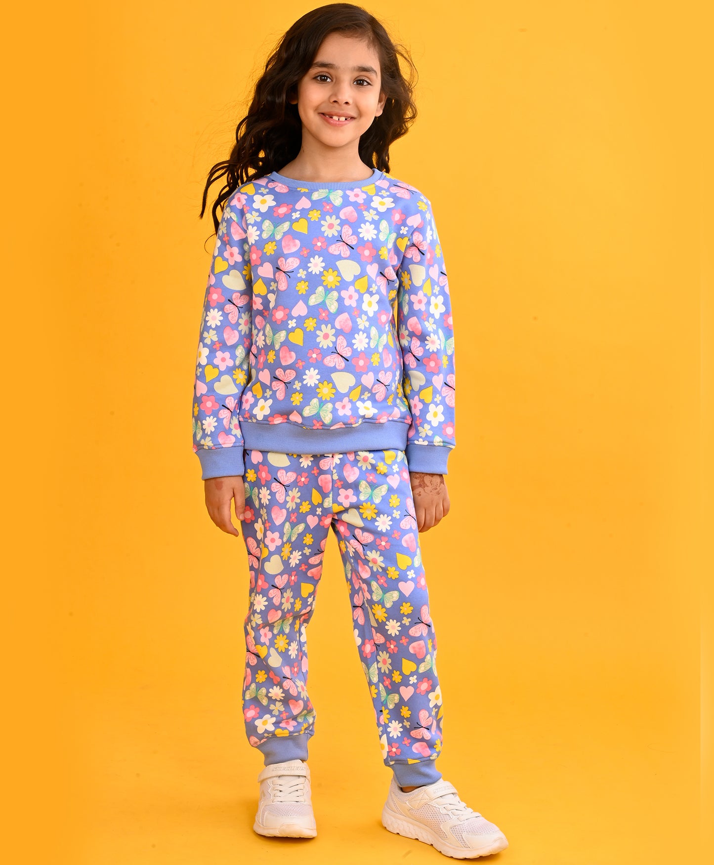 BLUE HEART FLOWERS GIRLS SWEATSHIRT JOGGER SET - BLUE