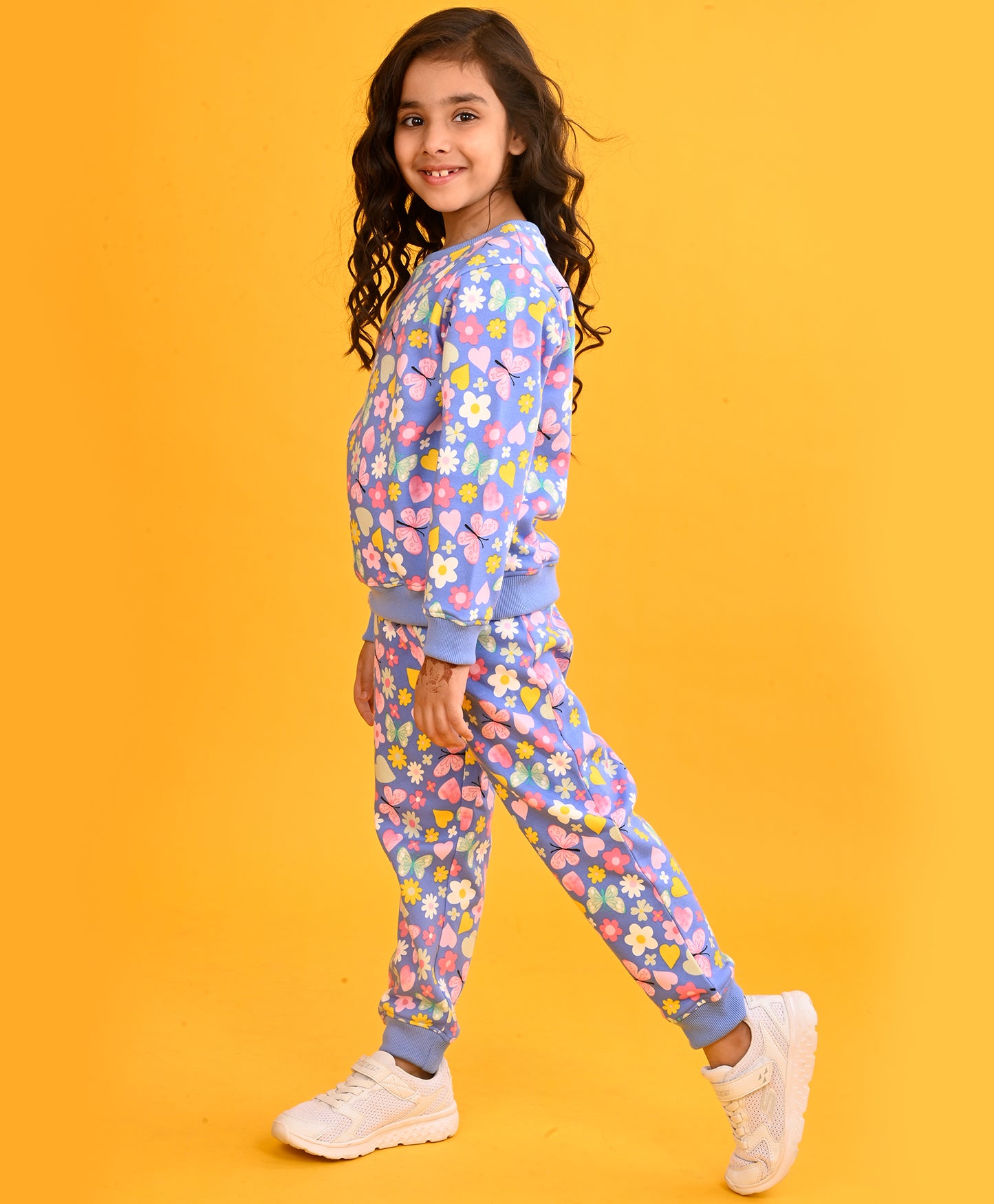 BLUE HEART FLOWERS GIRLS SWEATSHIRT JOGGER SET - BLUE