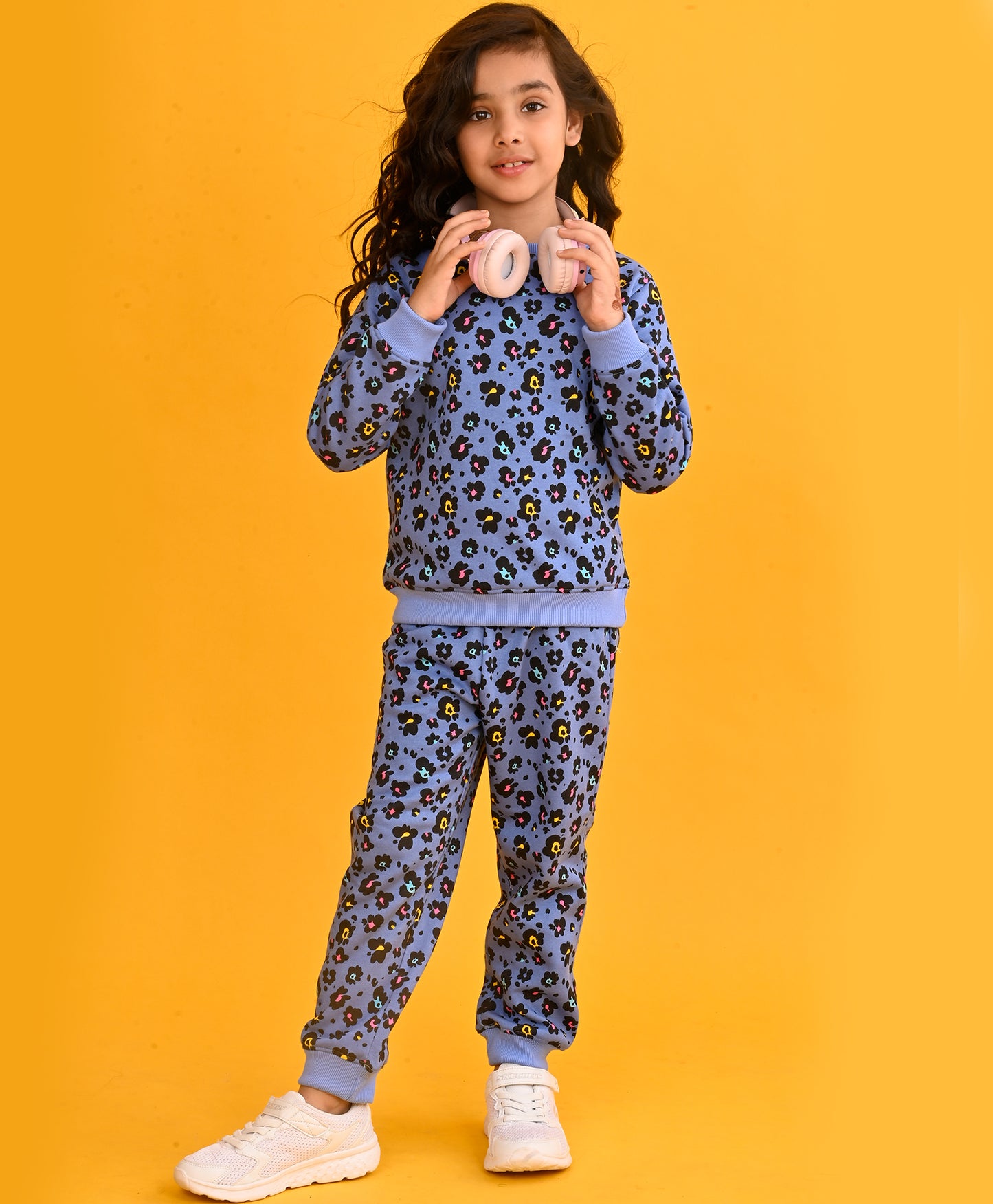 LEOPARD BLUE GIRLS FLEECE SWEATSHIRT JOGGER SET - BLUE