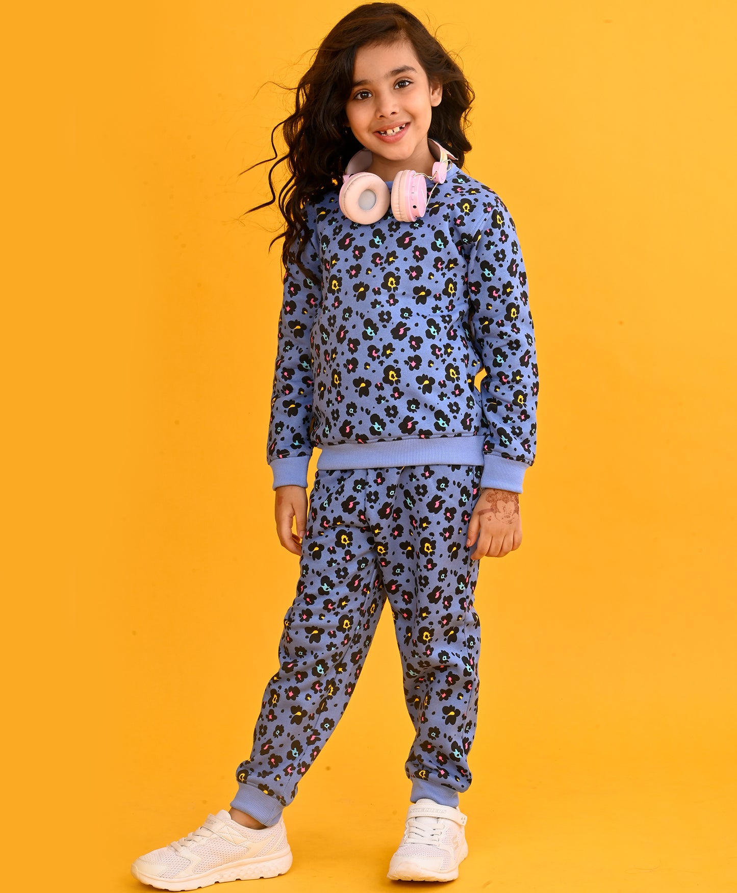 LEOPARD BLUE GIRLS FLEECE SWEATSHIRT JOGGER SET - BLUE