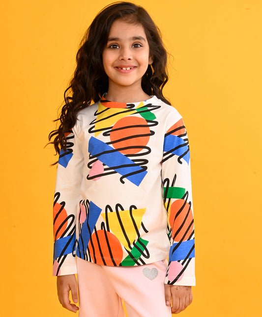 SHAPES PRINT GIRLS LONG SLEEVE T-SHIRT - WHITE