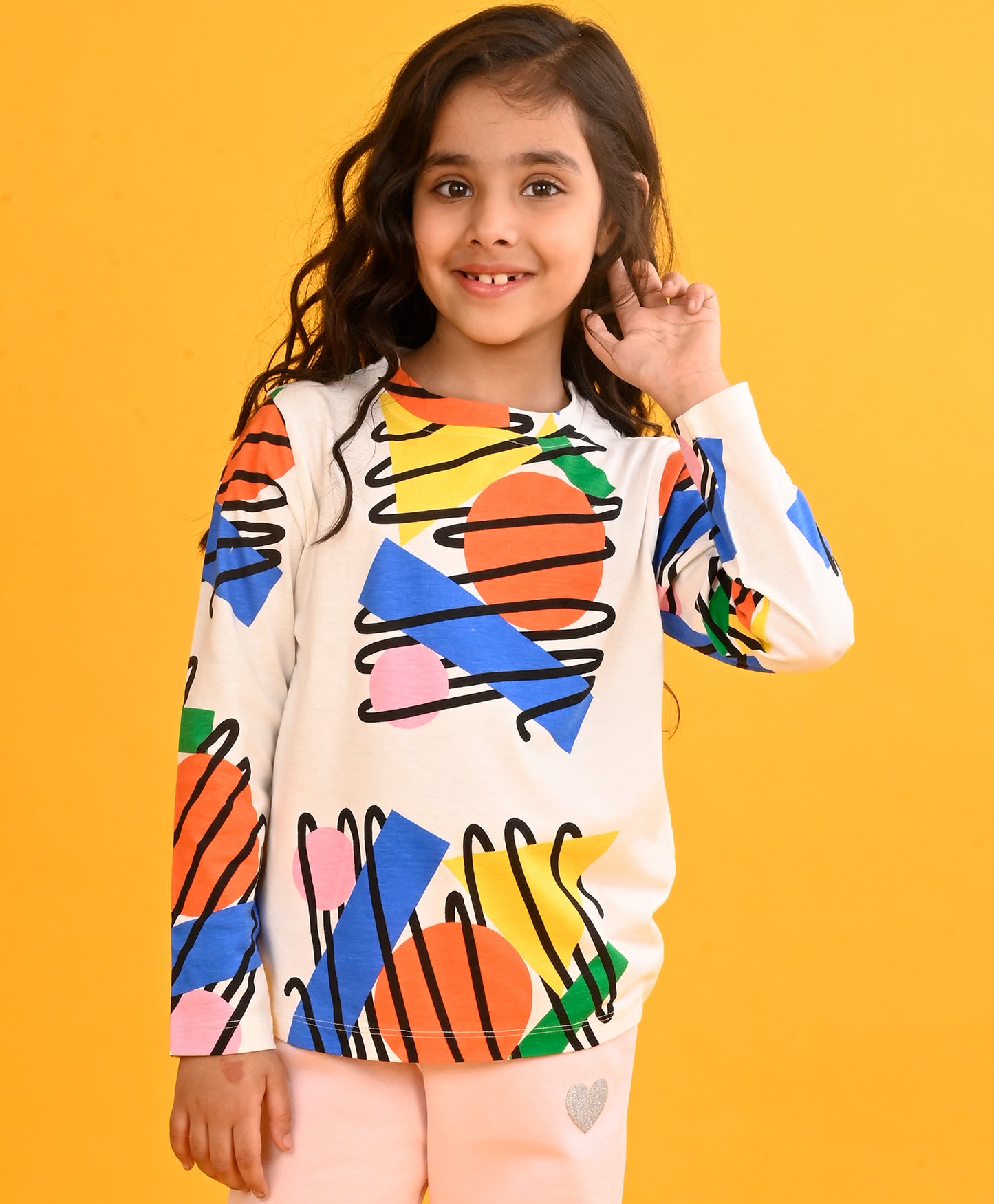 SHAPES PRINT GIRLS LONG SLEEVE T-SHIRT - WHITE