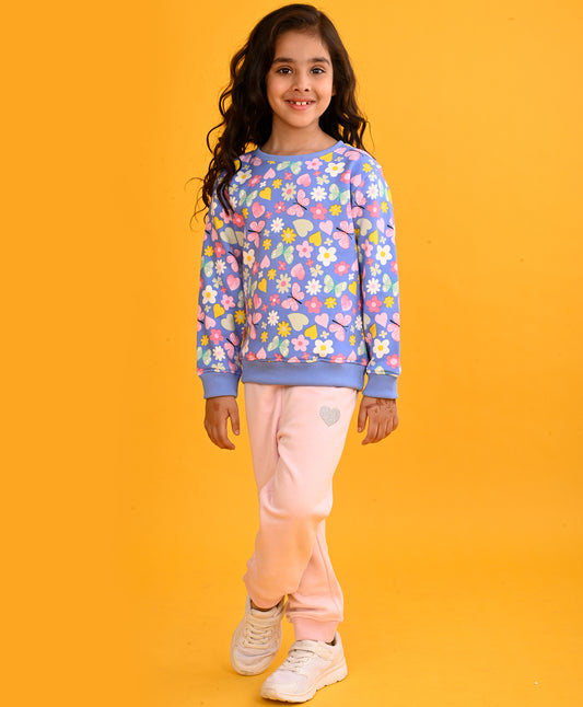 BLUE HEART FLOWERS GIRLS SWEATSHIRT PINK HEART FLEECE JOGGER SET - BLUE/PINK