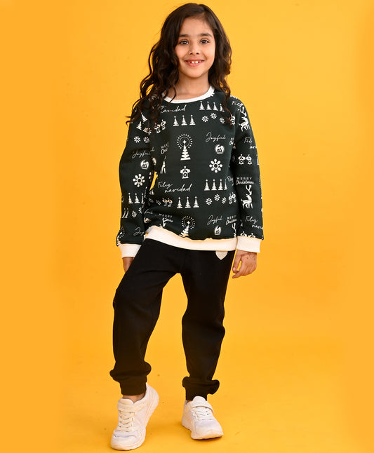 MERRY CHRISTMAS GIRLS SWEATSHIRT BLACK HEART FLEECE JOGGER SET - GREEN/BLACK