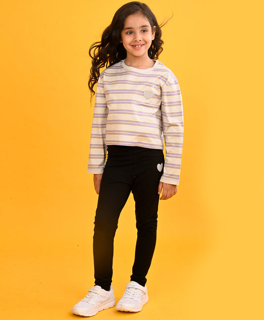 PURPLE YELLOW STRIPE GIRLS T-SHIRT BLACK HEART LEGGING SET - PURPLE/BLACK