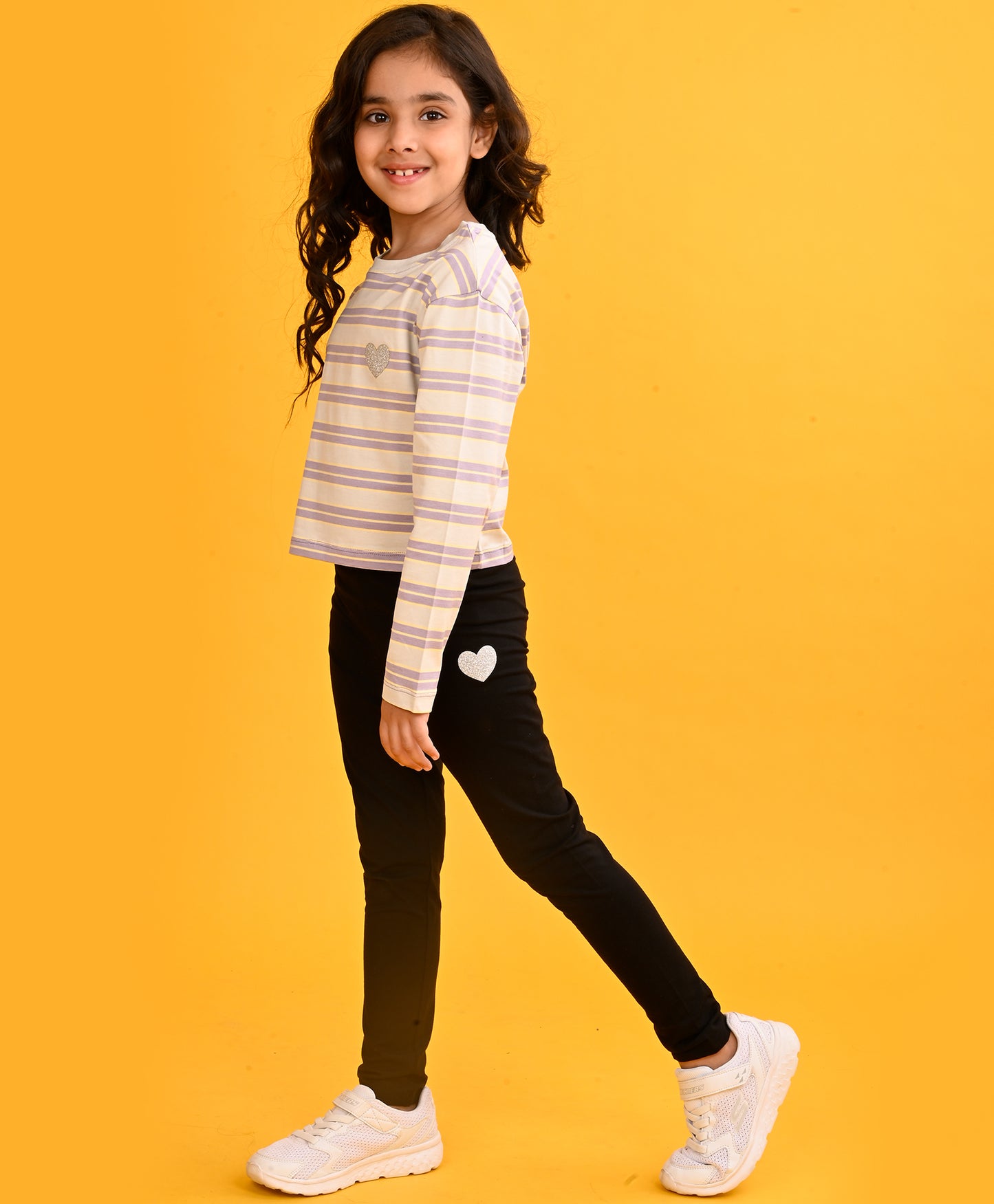 PURPLE YELLOW STRIPE GIRLS T-SHIRT BLACK HEART LEGGING SET - PURPLE/BLACK