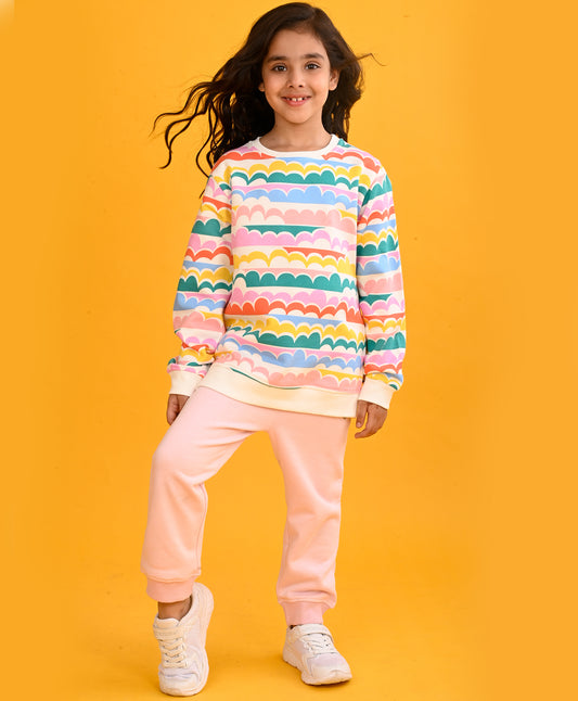 RAINBOW CLOUD GIRLS SWEATSHIRT PINK FLEECE JOGGER SET - WHITE/PINK