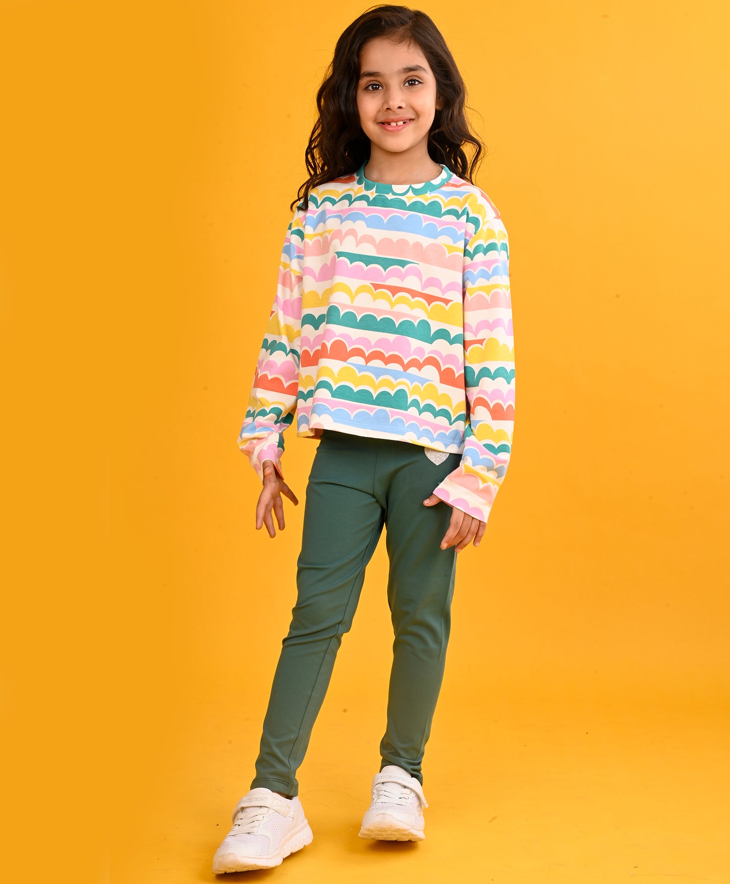 RAINBOW CLOUDS GIRLS LONG SLEEVES T-SHIRT GREEN LEGGING SET - PINK/GREEN.