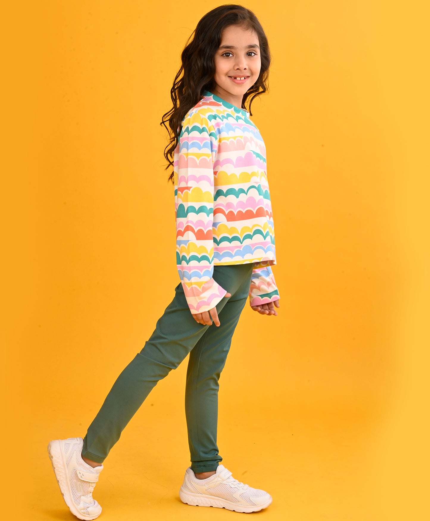 RAINBOW CLOUDS GIRLS LONG SLEEVES T-SHIRT GREEN LEGGING SET - PINK/GREEN.