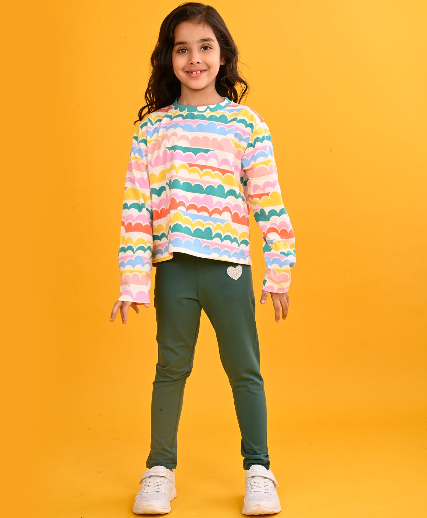 RAINBOW CLOUDS GIRLS LONG SLEEVES T-SHIRT GREEN LEGGING SET - PINK/GREEN.