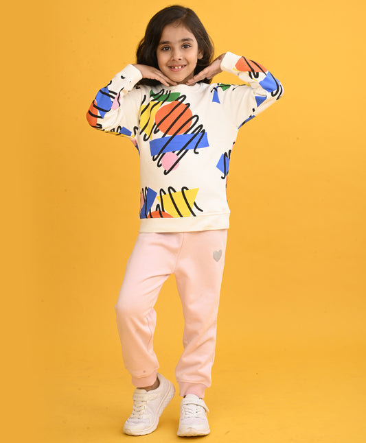 SHAPES PRINT GIRLS SWEATSHIRT PINK HEART FLEECE JOGGER SET - WHITE/PINK