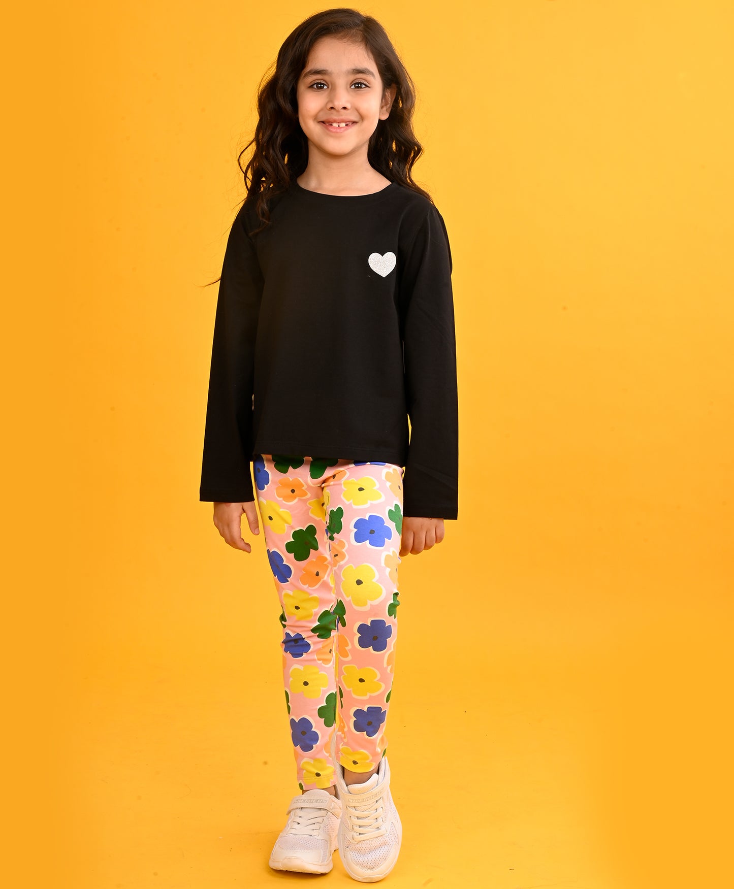 BLACK HEART LONG SLEEVES GIRLS T-SHIRT FLOWERS LEGGING SET - BLACK/PINK