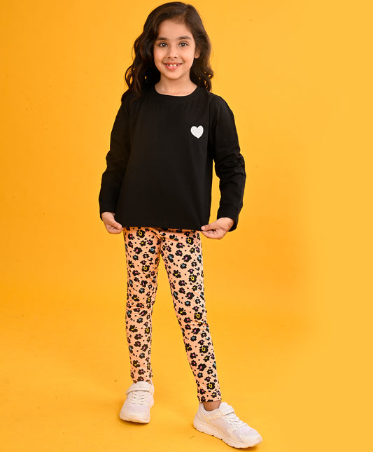 BLACK HEART LONG SLEEVES GIRLS T-SHIRT LEOPARD PEACH LEGGING SET - BLACK/PEACH