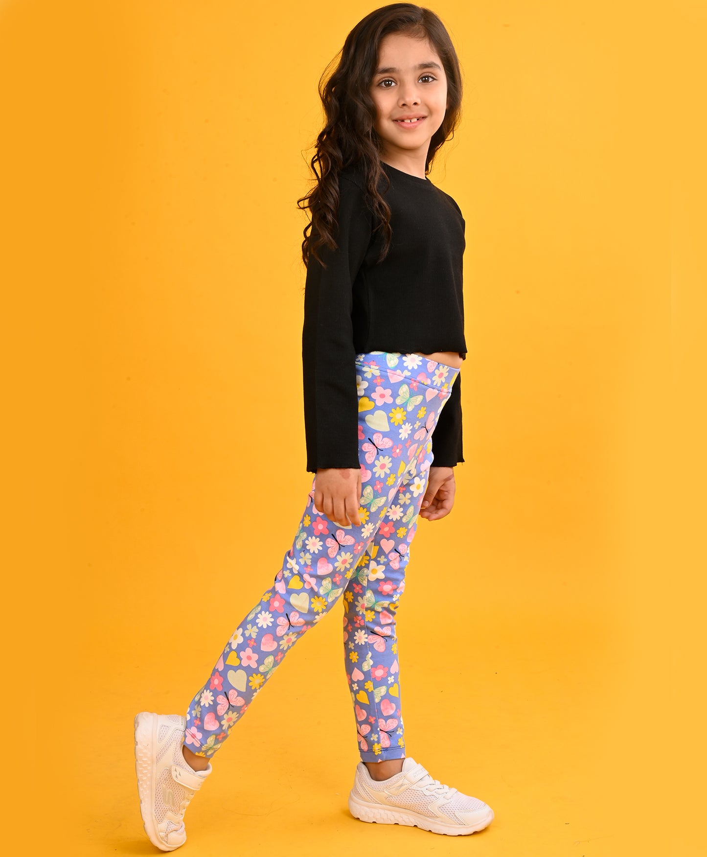 BLACK RIBBED LONG SLEEVES GIRLS T-SHIRT HEART BLUE LEGGING SET - BLACK/BLUE