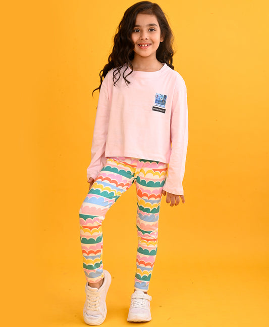 UPGRADE YOUR  LONG SLEEVES GIRLS T-SHIRT CLOUD RAINBOW LEGGING SET - PINK