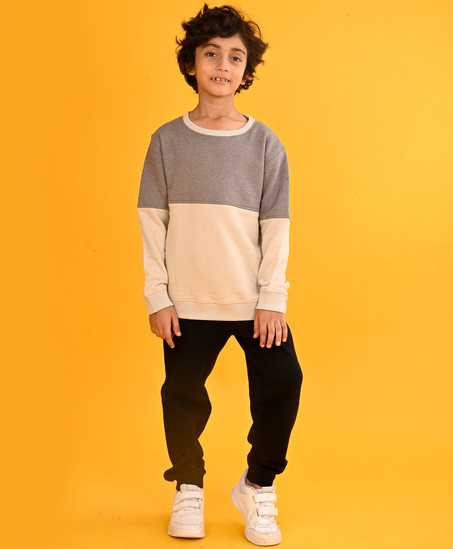 STONE GREY CUT N SEW BOYS SWEATSHIRT BLACK FLEECE JOGGER SET - GREYBEIGE/BLACK