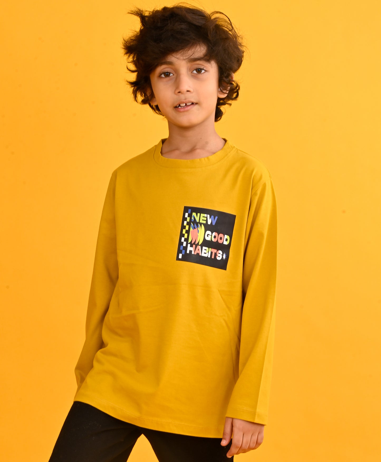 NEW GOOD HABITS LONG SLEEVE BOYS T-SHIRT - MUSTARD