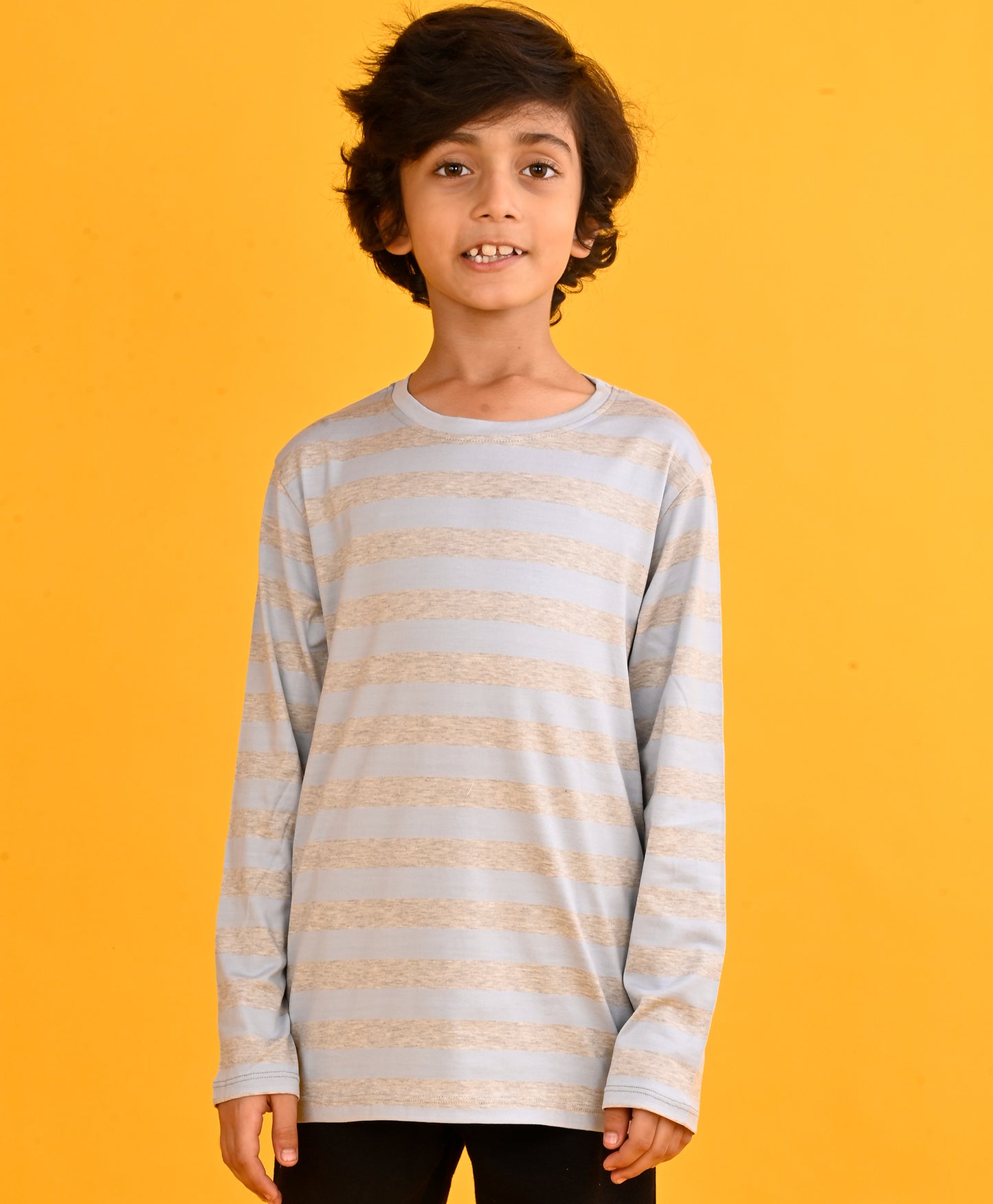 SKY GREY MELANGE STRIPES BOYS LONG SLEEVE T-SHIRT - SKYGREY