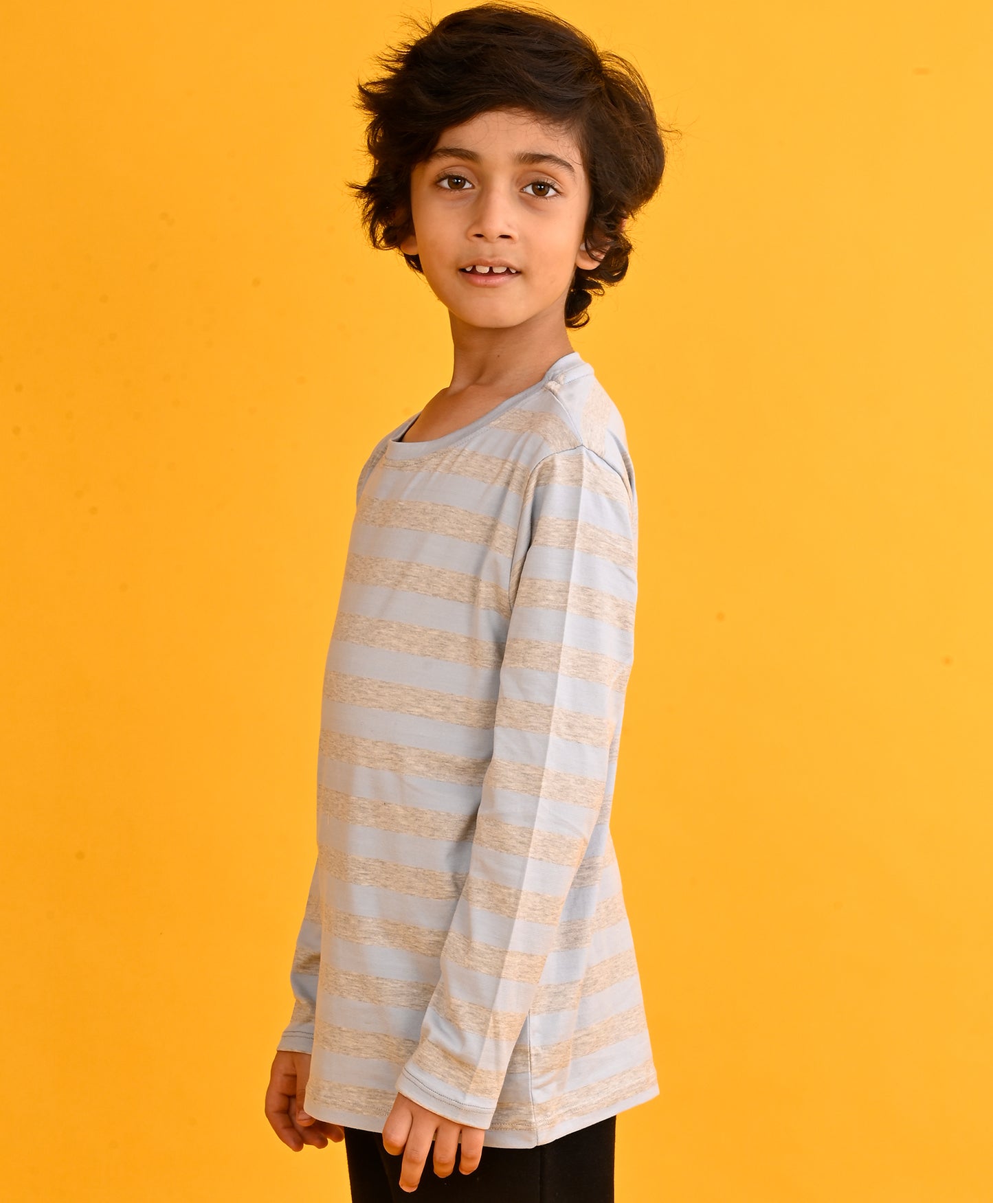 SKY GREY MELANGE STRIPES BOYS LONG SLEEVE T-SHIRT - SKYGREY